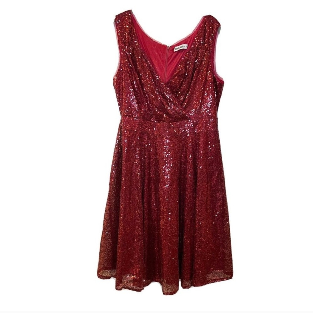 GRACE KARIN XL Women Red Sequin Party Dress Fit Flare Sleeveless V-Neck Retro